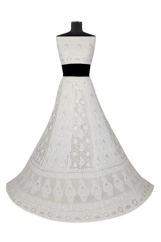 Ada Hand Embroidered White Pure Georgette Lucknowi Chikankari Lehenga Set With Muqaish Work– A617821