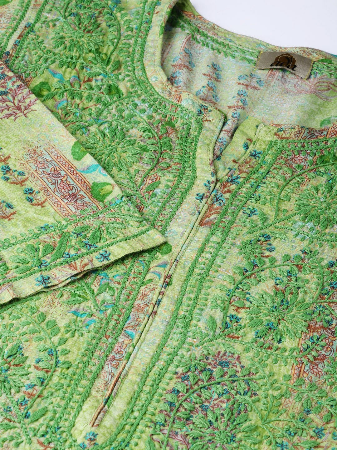 Ada Hand Embroidered Green Printed Cotton Chikan Kurta-A100058