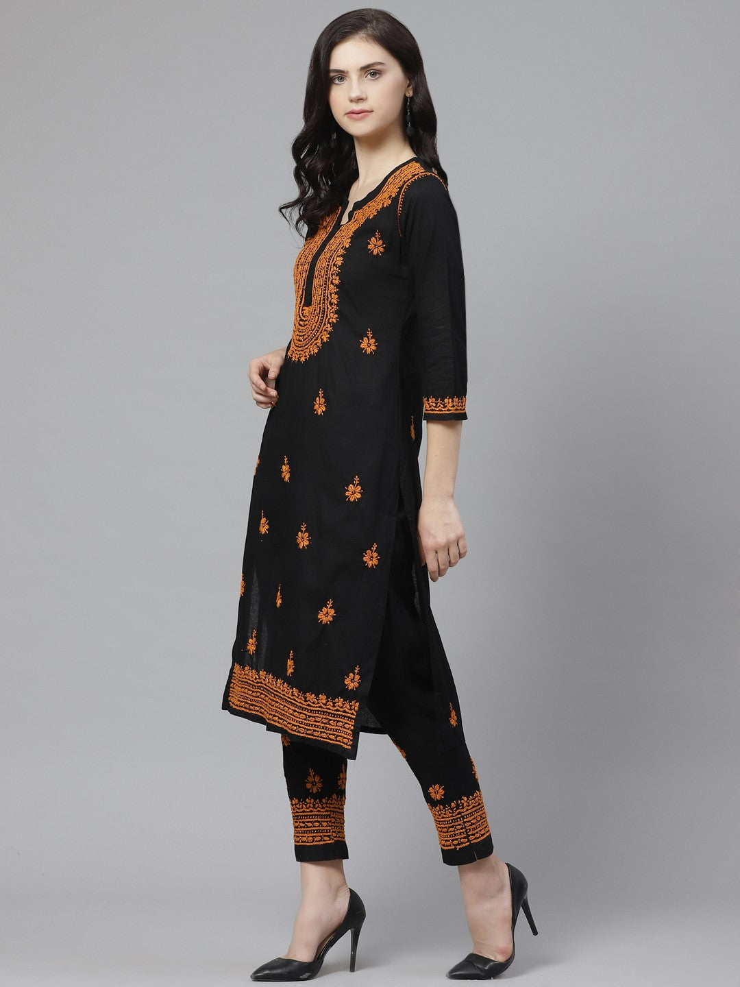 Ada Hand Embroidered Black Cotton Lucknowi Chikankari Kurta with Trouser Set A100553