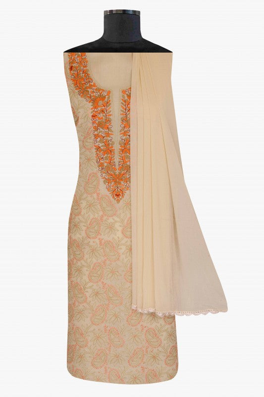 Ada Hand Embroidered Fawn Cotton Lucknowi Chikan Unstitched Suit Piece-A211166