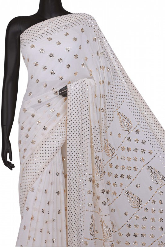Ada Hand Embroidered Off White Pure Georgette Lucknowi Chikankari Saree/Blouse With Muqaish Work A614207