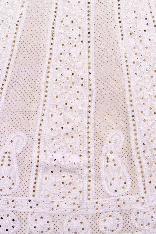 Ada Hand Embroidered White Georgette Lucknowi Chikankari Semi-Stitched Anarkali Kurta Dupatta Set With Muqaish Work 01A137140
