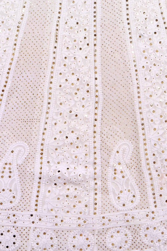 Ada Hand Embroidered White Georgette Lucknowi Chikankari Semi-Stitched Anarkali Kurta Dupatta Set With Muqaish Work 01A137140