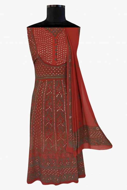 Ada Hand Embroidered Maroon Pure Georgette Lucknowi Chikan Semi-stitched Anarkali Kurta Dupatta Set with Muqaish Work A607991