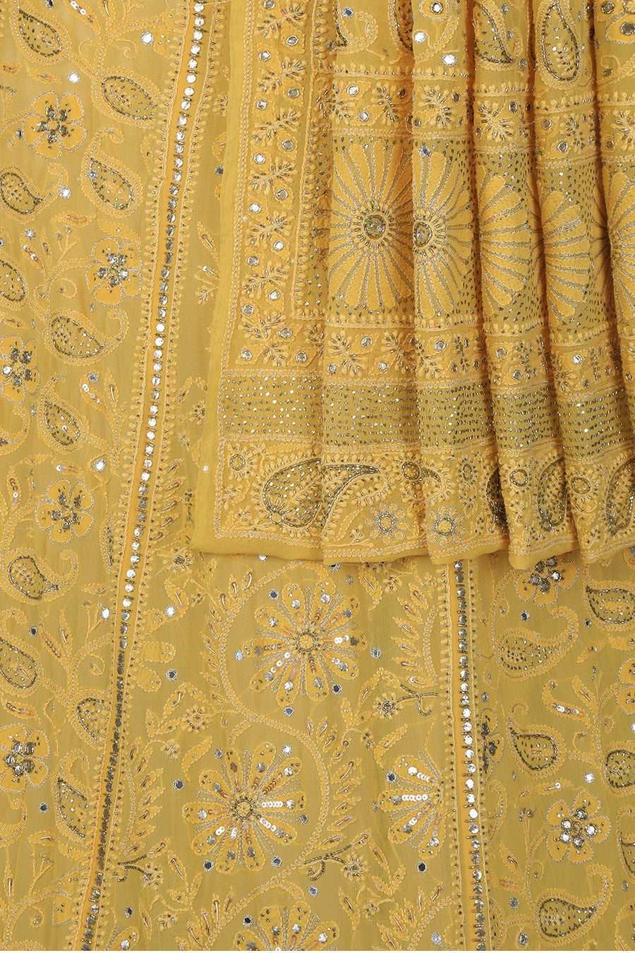 Ada Hand Embroidered Dandelion Yellow Pure Georgette Lucknowi Chikankari Lehenga Set With Muqaish Work– A20700
