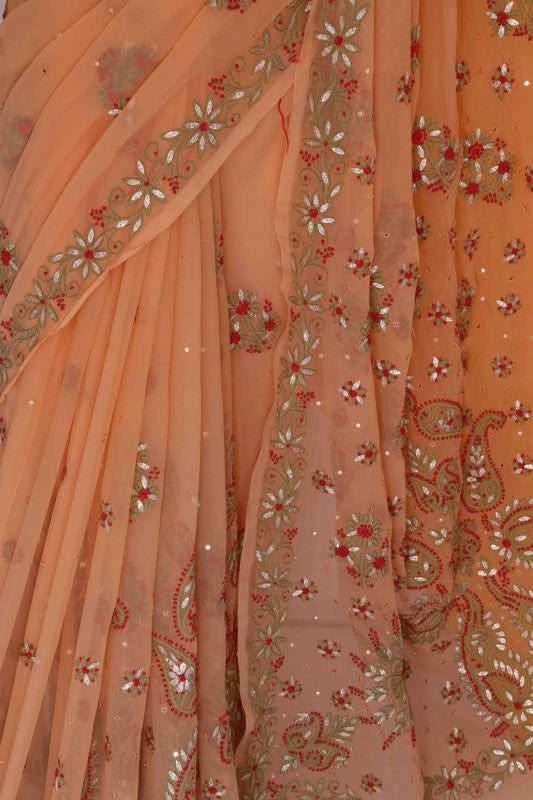 Ada Hand Embroidered Peach Georgette Lucknowi Chikankari Saree/Blouse With Gota Patti Work A183369