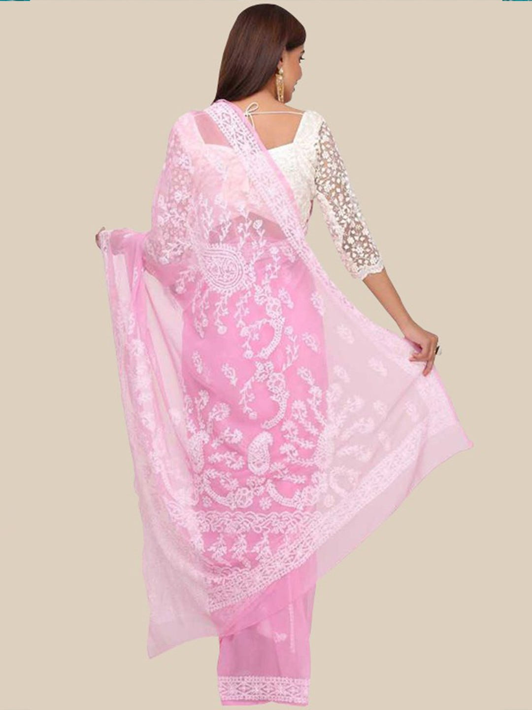 Ada Hand Embroidered Baby Pink Georgette Lucknowi Chikankari Saree with Blouse A204482