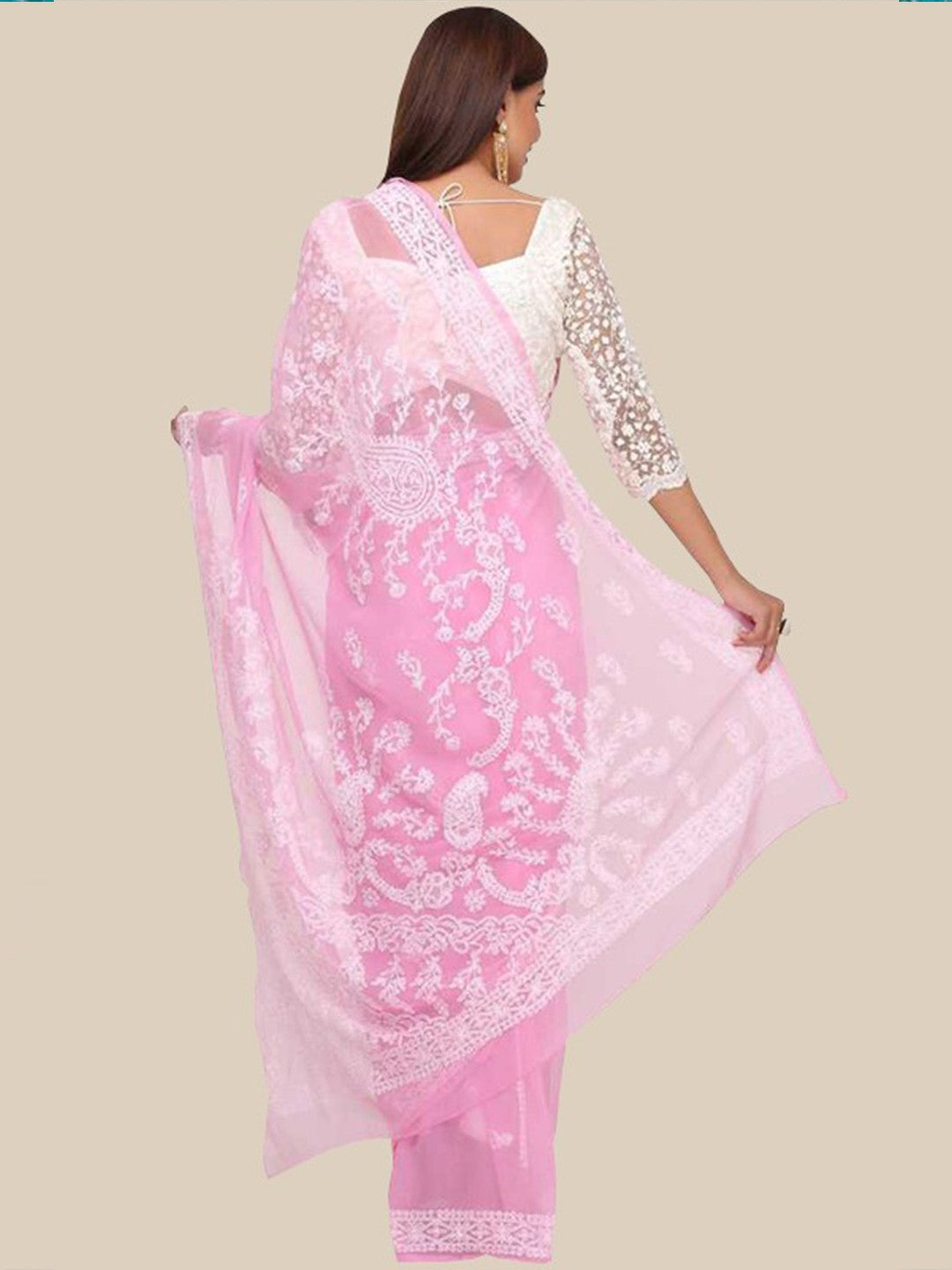 Ada Hand Embroidered Baby Pink Georgette Lucknowi Chikankari Saree with Blouse A204482