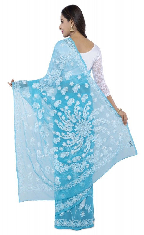 Ada Hand Embroidered Blue Georgette Lucknow Chikan Saree with Blouse A381324
