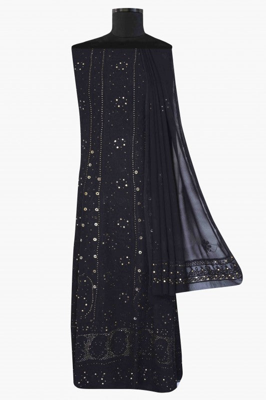 Ada Hand Embroidered Black Georgette Lucknowi Chikankari Semi-stitched Anarkali Kurta Dupatta With Muqaish Work – A571878