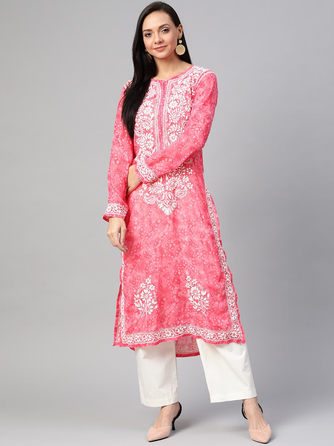 Ada Hand Embroidered Pink Faux Georgette Lucknow Chikankari Kurta- A100464