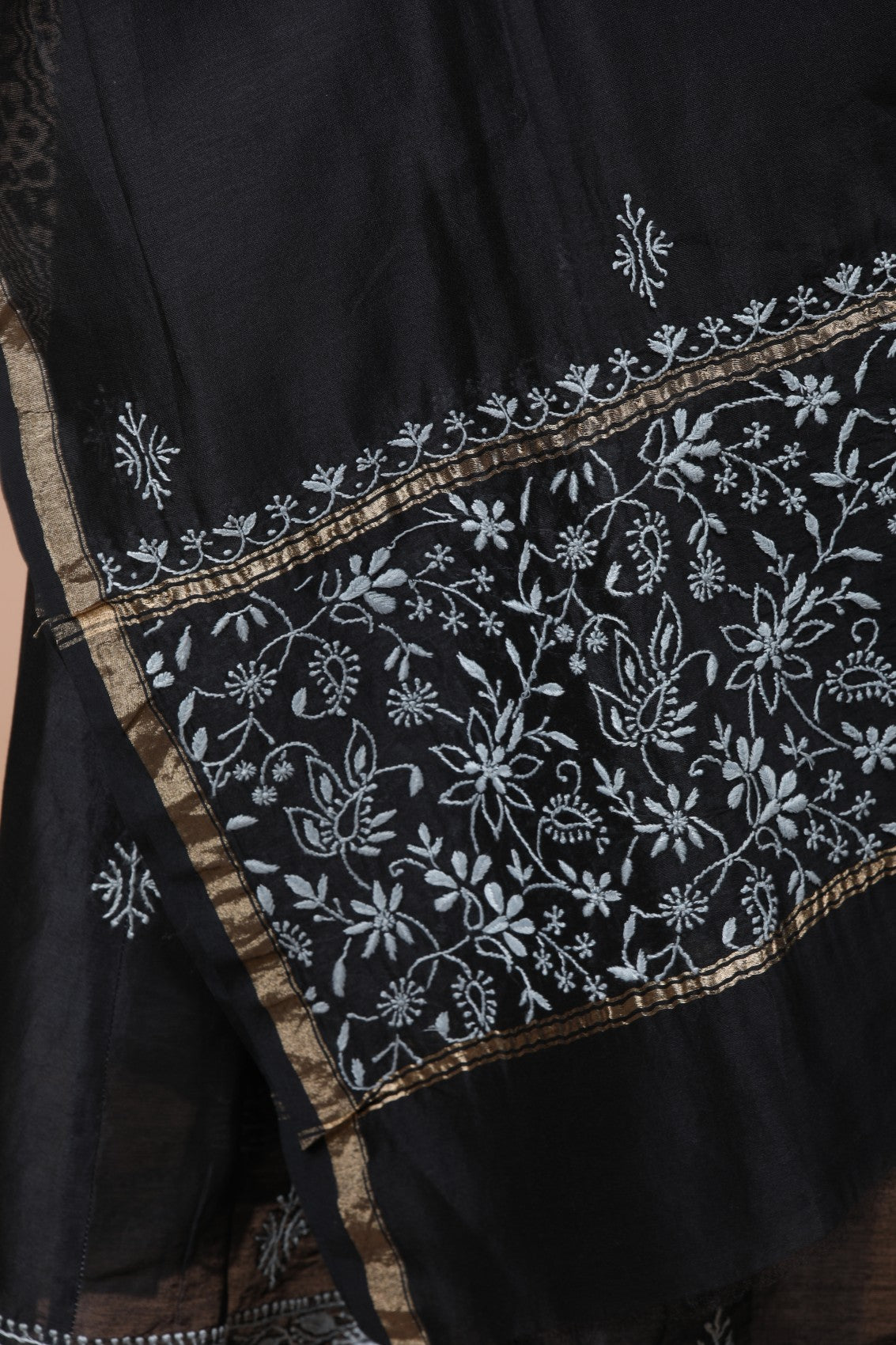 Ada Hand Embroidered Black Chanderi Lucknowi Chikankari Semi-Stitched Anarkali Kurta Dupatta Set 01A213946