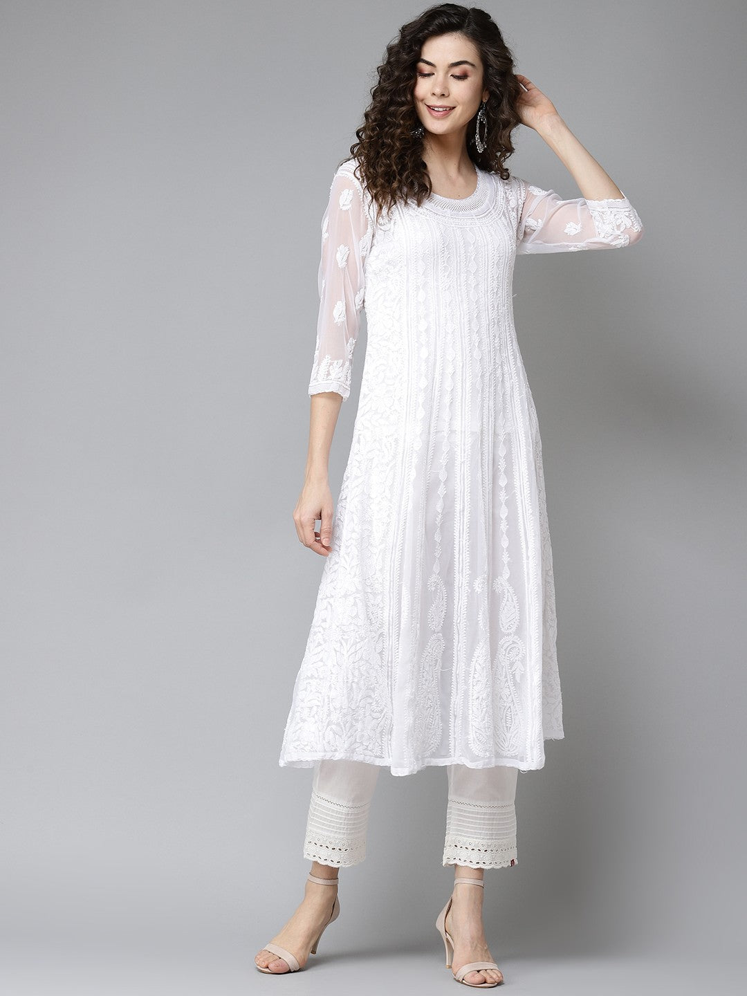 Ada Hand Embroidered White Georgette Lucknowi Chikankari Anarkali A-line Kurta A411205