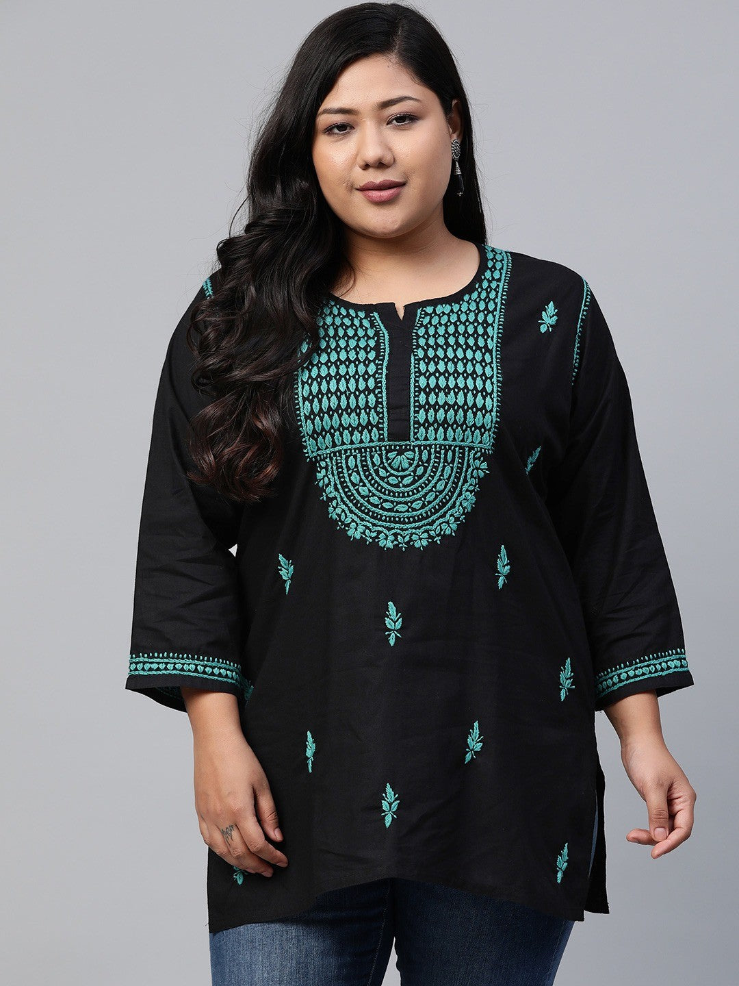 Ada Hand Embroidered Black Cotton Lucknowi Chikankari Straight Kurti A100388