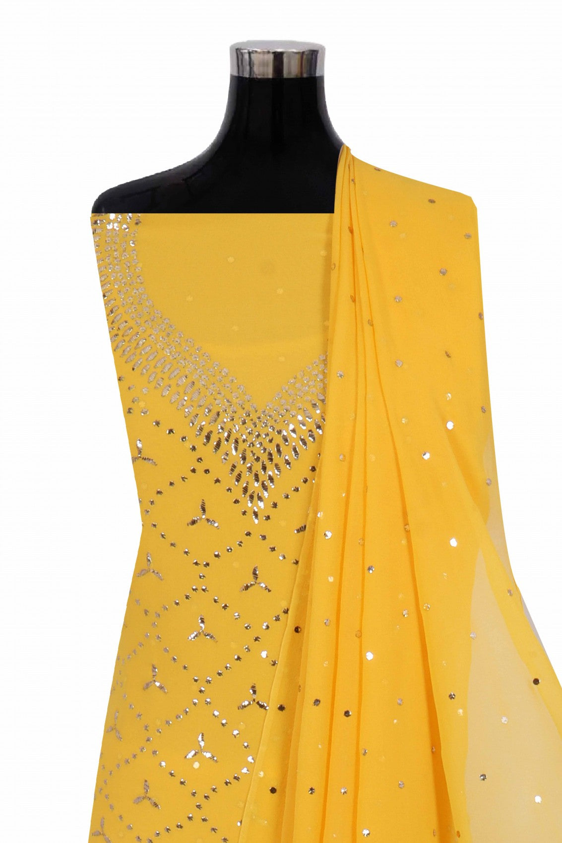 Ada Hand Embroidered Bright Yellow Pure Georgette Lucknowi Chikankari Unstitched Kurta Dupatta Set With Muqaish Work 01A207861