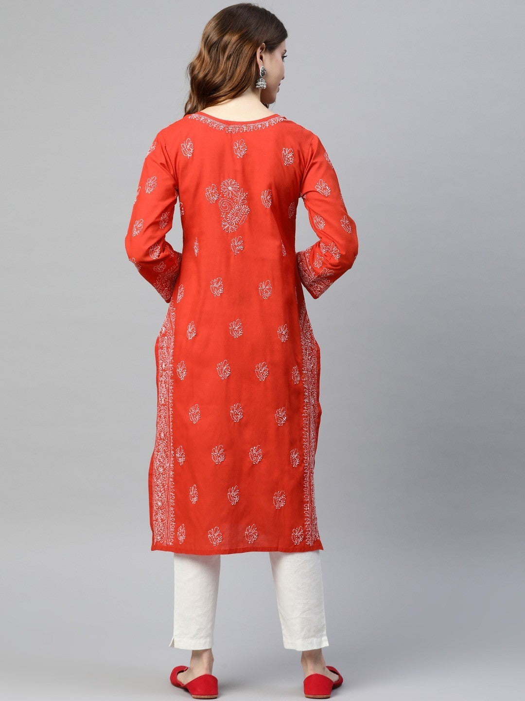 Ada Hand Embroidered Red Cotton Lucknowi Chikan straight Kurta A220800
