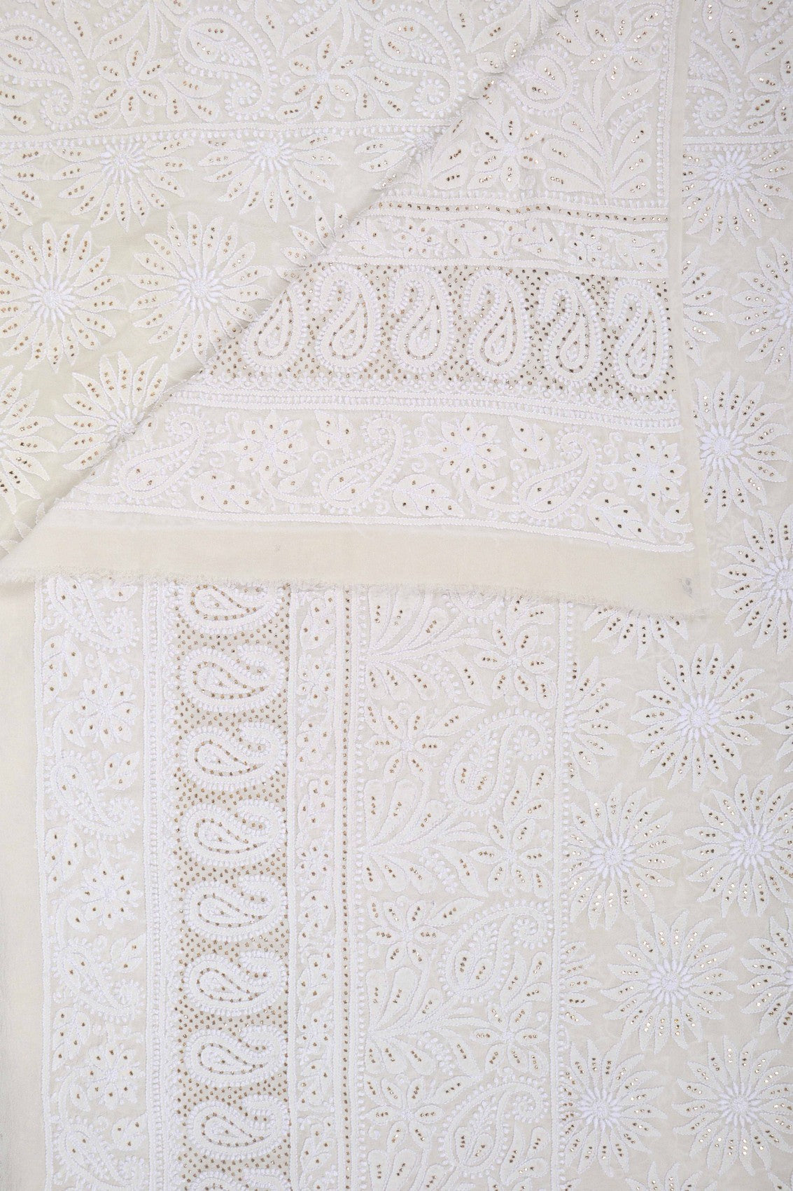 Ada Hand Embroidered White Pure Georgette Lucknowi Chikankari Dupatta With Muqaish Work 01A47078