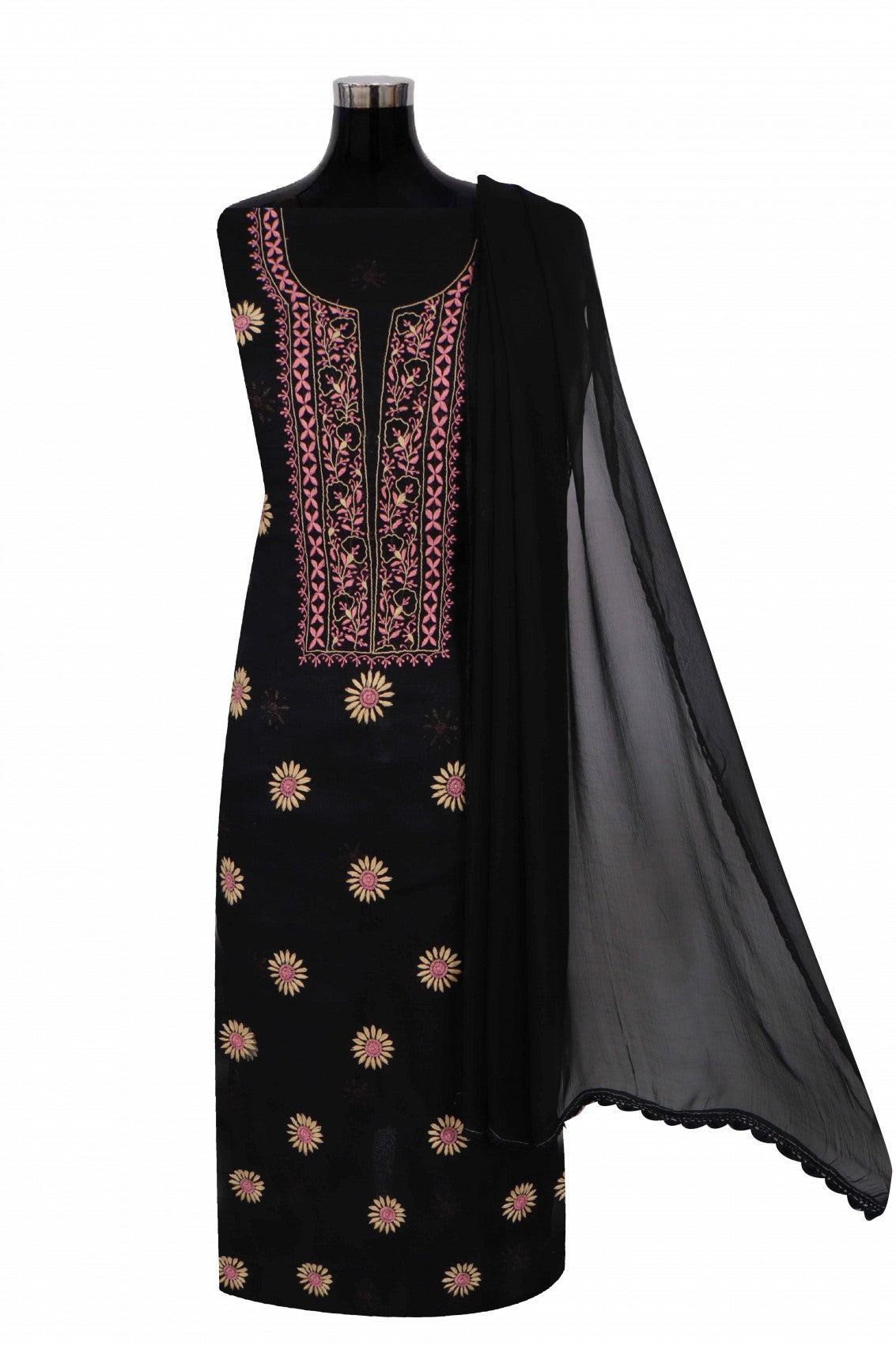 Ada Hand Embroidered Black Chanderi Lucknowi Chikan Unstitched Kurta Dupatta Set A609249