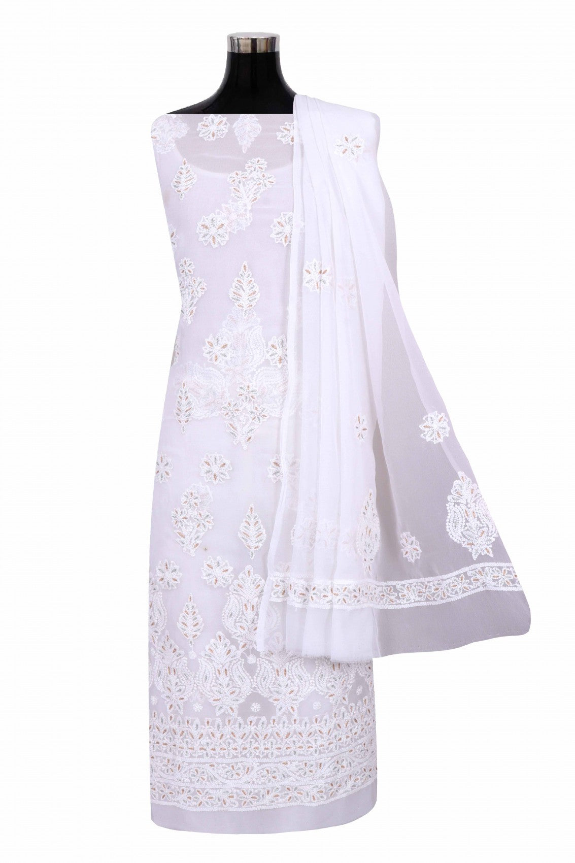 Ada Hand Embroidered White Georgette Lucknowi Chikankari Unstitched Suit Piece With Zari Work 01A69620