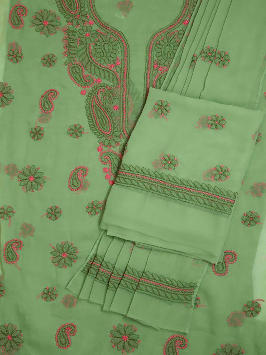 Ada Hand Embroidered Green Georgette Lucknowi Chikankari Unstitched Suit Piece A211191
