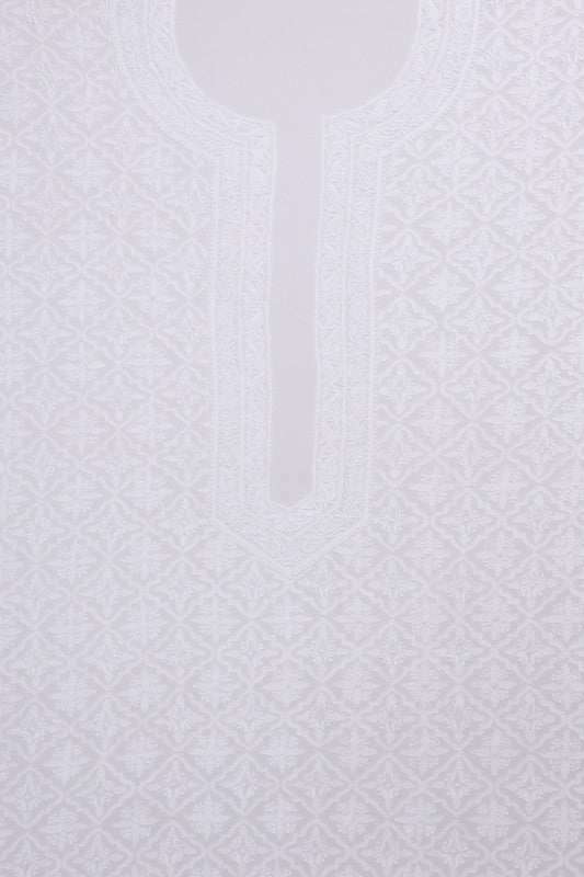 Ada Hand Embroidered White Pure Georgette Lucknowi Chikankari Unstitched Men's Kurta Piece A578482