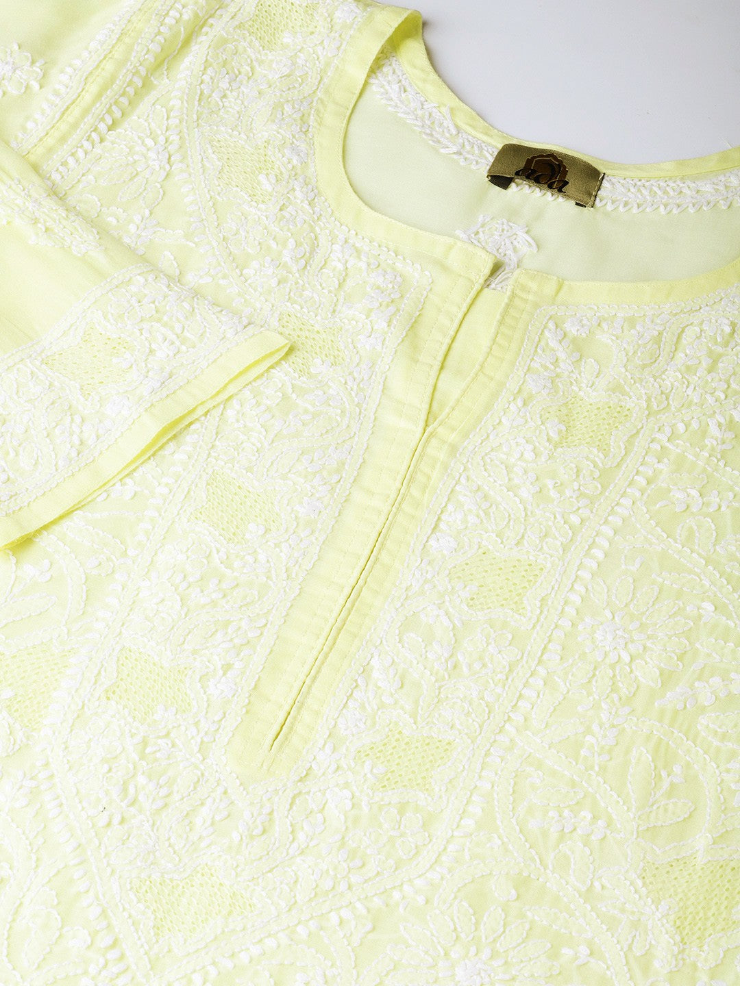 Ada Hand Embroidered Lemon Cotton Lucknow Chikankari Kurta-A100124