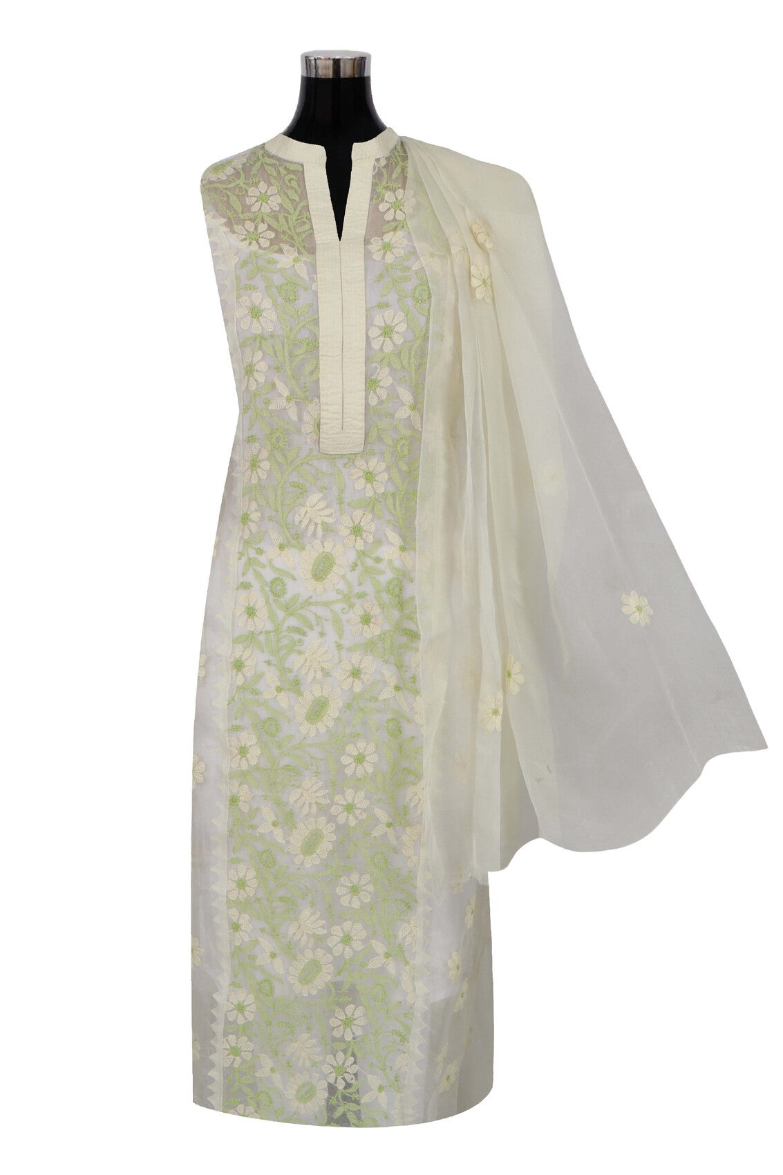 Ada Hand Embroidered Light Yellow Organza Lucknowi Chikankari Semi-stitched Kurta Dupatta Set A588002