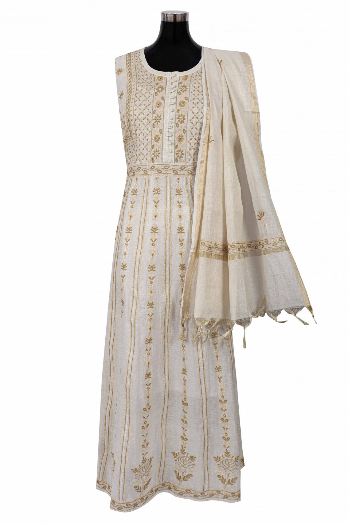 Ada Hand Embroidered Cream Tissue Lucknowi Chikankari Semi-Stitched Anarkali Kurta Dupatta Set 01A146179