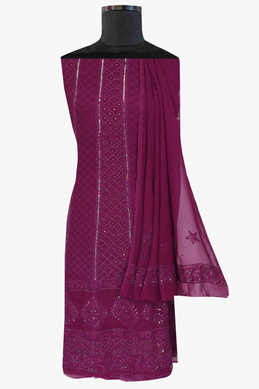 Ada Hand Embroidered Plum Purple Georgette Chikan Semi-stitched Anarkali Kurta Dupatta with Pearl/Sequinned Work A594305