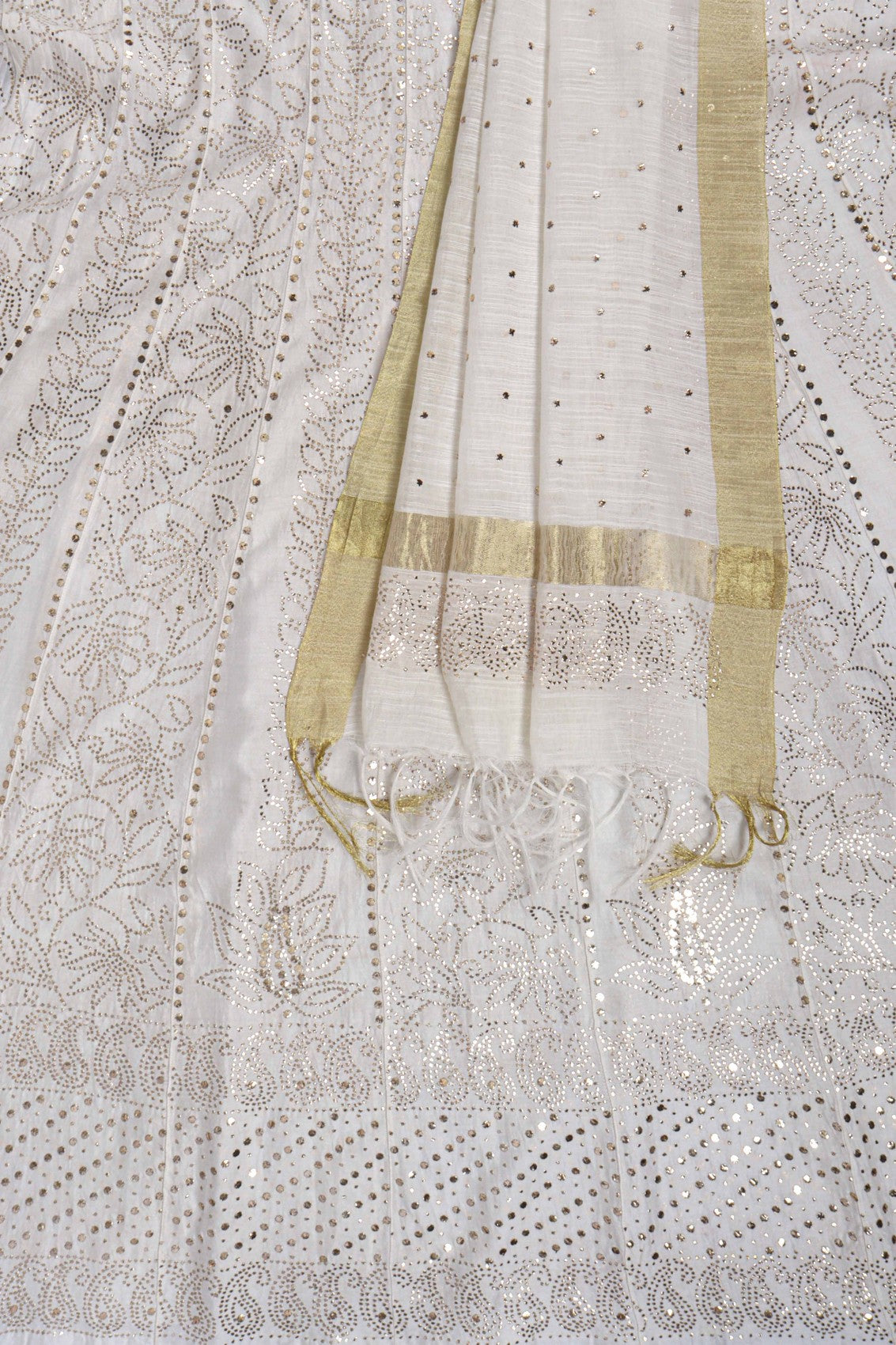 Ada Hand Embroidered Cream Chanderi Lucknowi Chikankari Semi-Stitched Anarkali Kurta Dupatta Set With Muqaish Work 01A162494