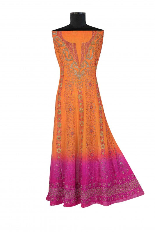 Ada Hand Embroidered Orange/Magenta Pure Georgette Semi-stitched Anarkali Kurta Dupatta Set With Muqaish Work A266362
