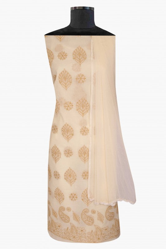 Ada Hand Embroidered Cream Cotton Lucknowi Chikan Unstitched Suit Piece A211139