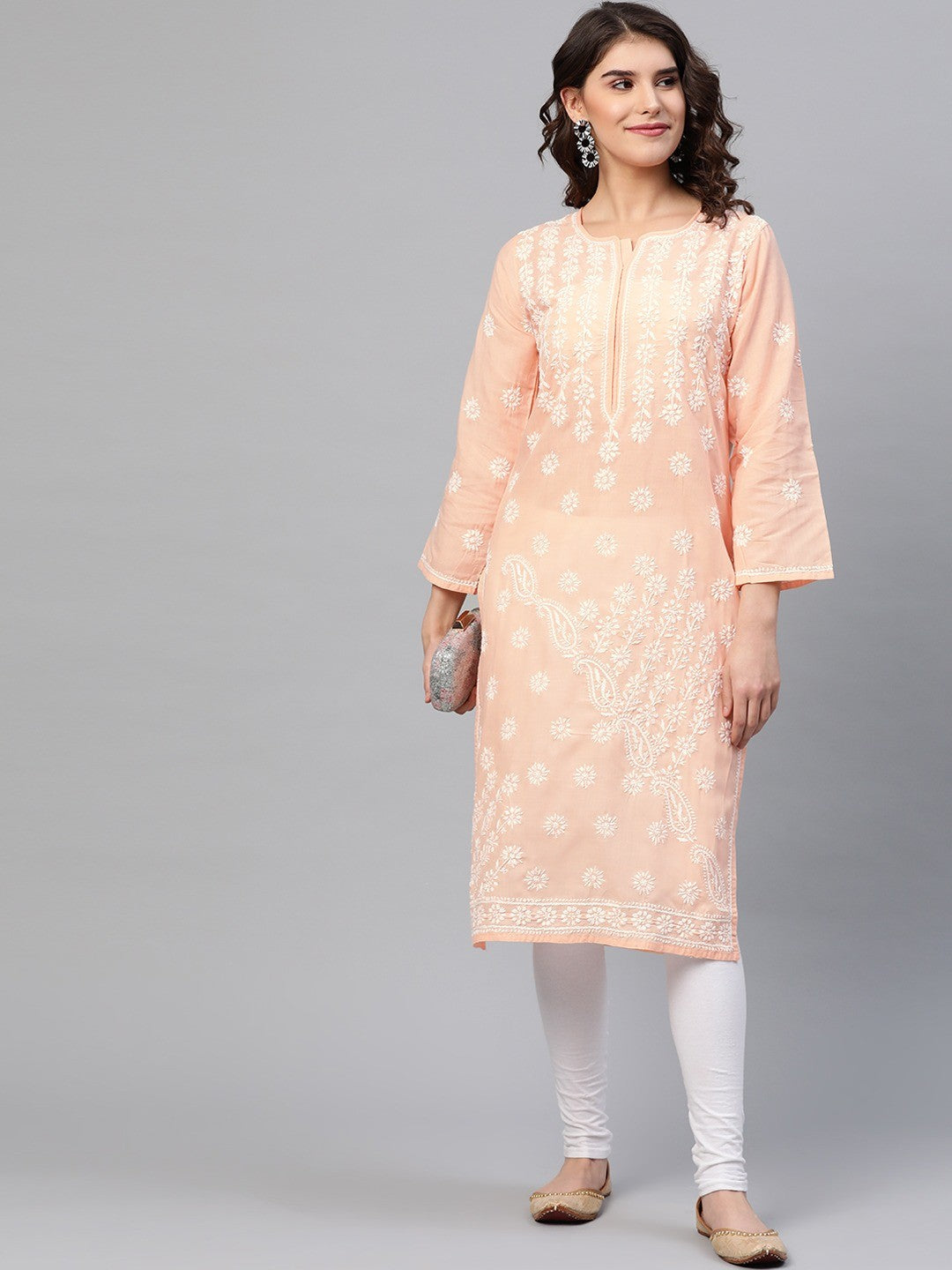 Ada Hand Embroidered Peach Cotton Lucknow Chikankari Straight  Kurta A208062