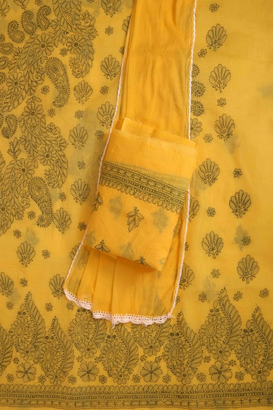Ada Hand Embroidered Yellow Cotton Lucknowi Chikan Unstitched Suit Piece-A211122