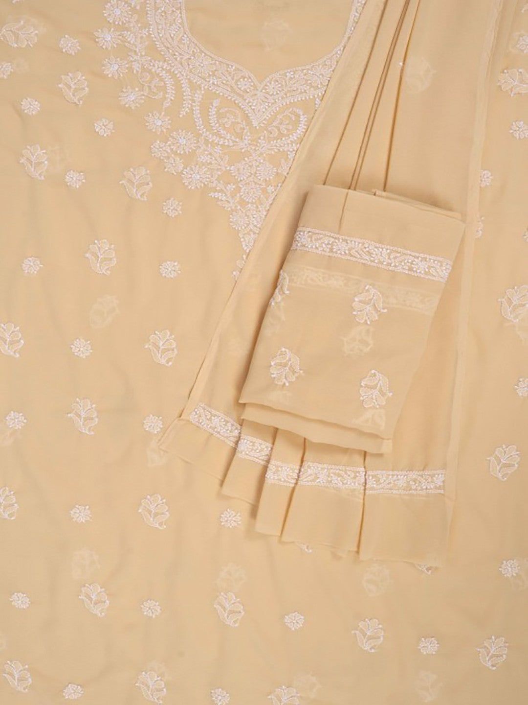 Ada Hand Embroidered Fawn Georgette Lucknowi Chikan Unstitched Suit Piece A327137