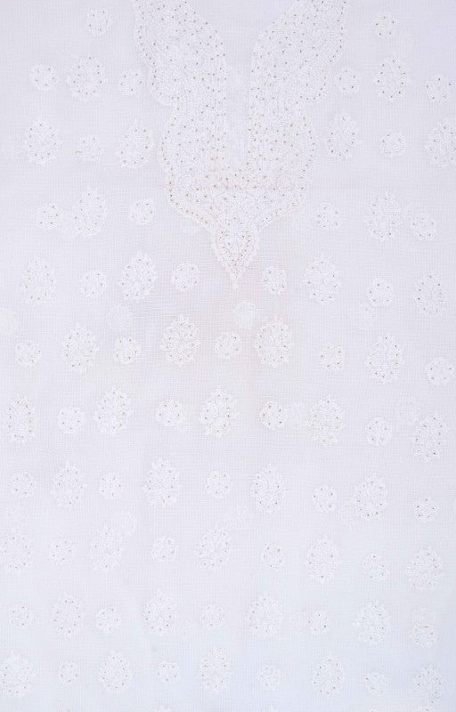 Ada Hand Embroidered White Kota Lucknowi Chikan Unstitched Kurta Piece With Muqaish Work A619161