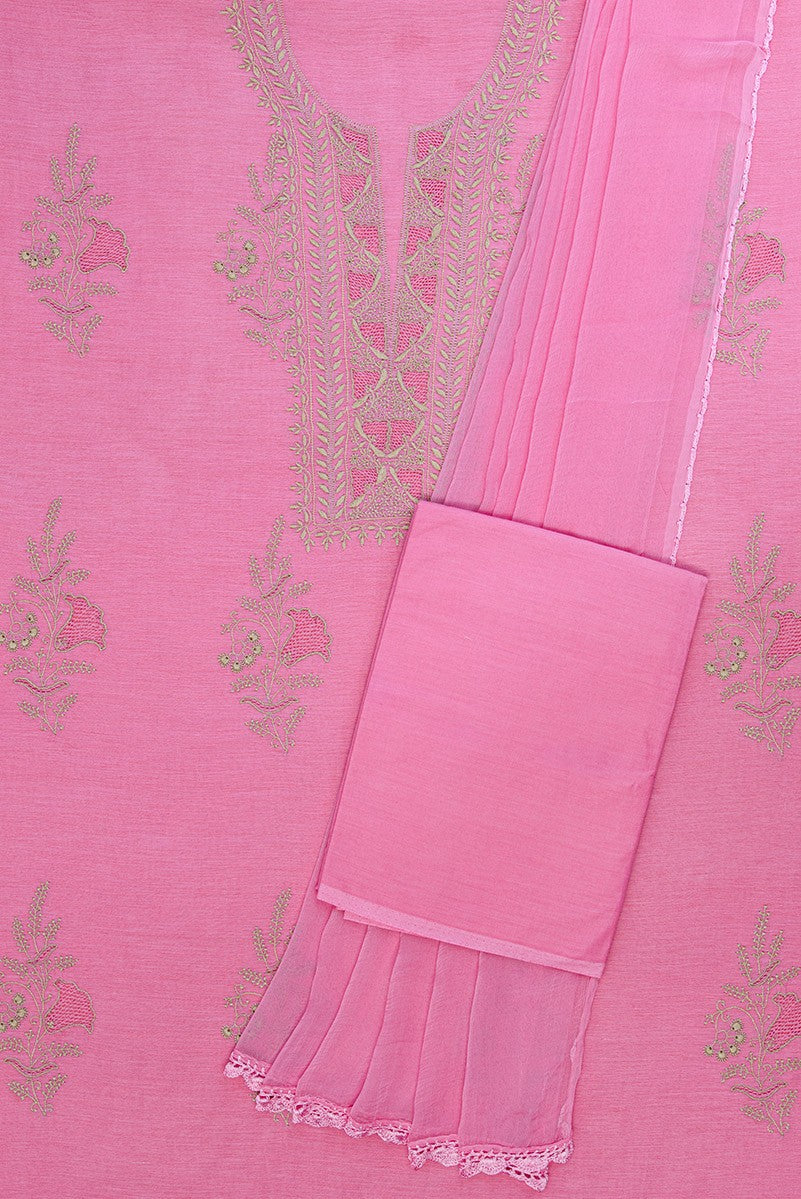 Ada Hand Embroidered Pink Chanderi Lucknowi Chikan Unstitched Suit Piece A549388