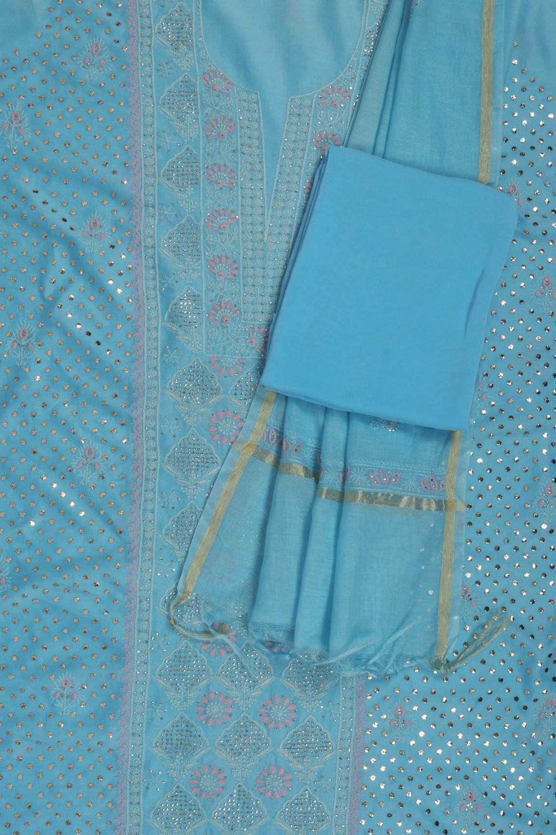 Ada Hand Embroidered Sky Blue Chanderi Lucknowi Chikankari Unstitched Suit Piece With Muqaish Work 01A195541