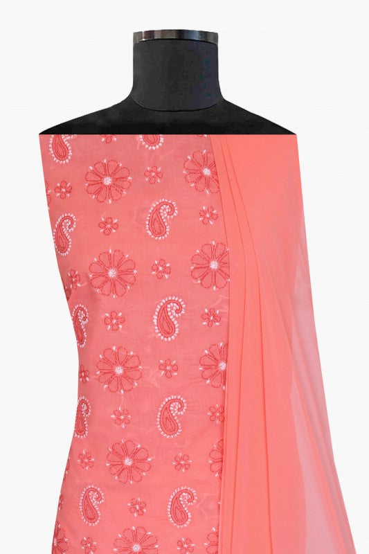 Ada Hand Embroidered Peach Cotton Lucknowi Chikan Unstitched Suit Piece–A100191