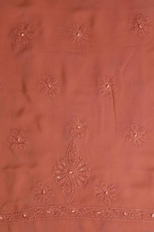 Ada Hand Embroidered Cinnamon Brown Georgette Lucknowi Chikan Unstitched Kurta Dupatta Set With Pearl & Sequinned Work-A611680