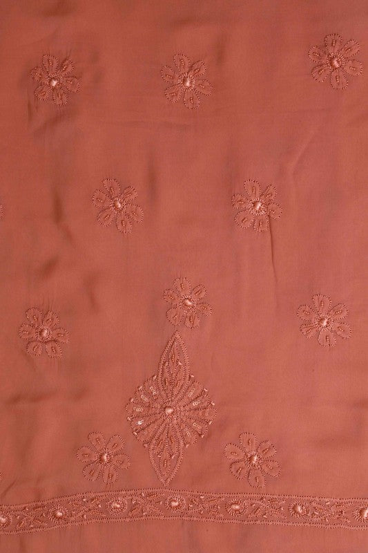 Ada Hand Embroidered Cinnamon Brown Georgette Lucknowi Chikan Unstitched Kurta Dupatta Set With Pearl & Sequinned Work-A611680