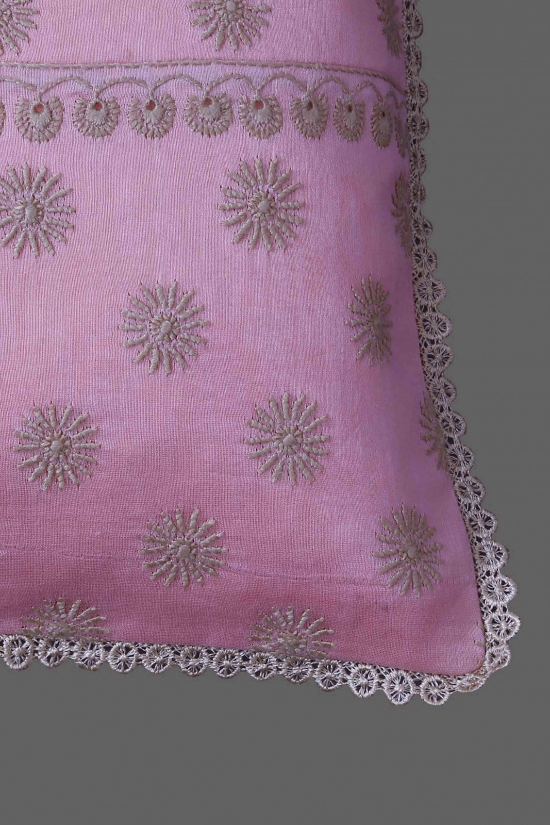 Ada Hand Embroidered Light Pink Chanderi Lucknowi Chikankari Cushion Cover A628221