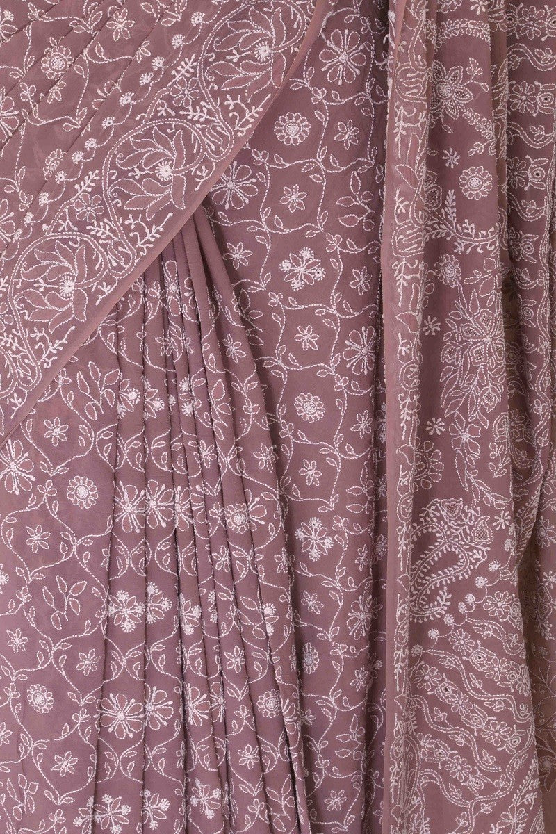 Ada Hand Embroidered Mauve Pure Georgette Lucknowi Chikankari Saree With Blouse -A601976
