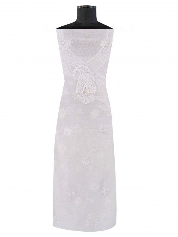 Ada Hand Embroidered White Chanderi Lucknowi Chikan Unstitched Kurta Dupatta Set A594194