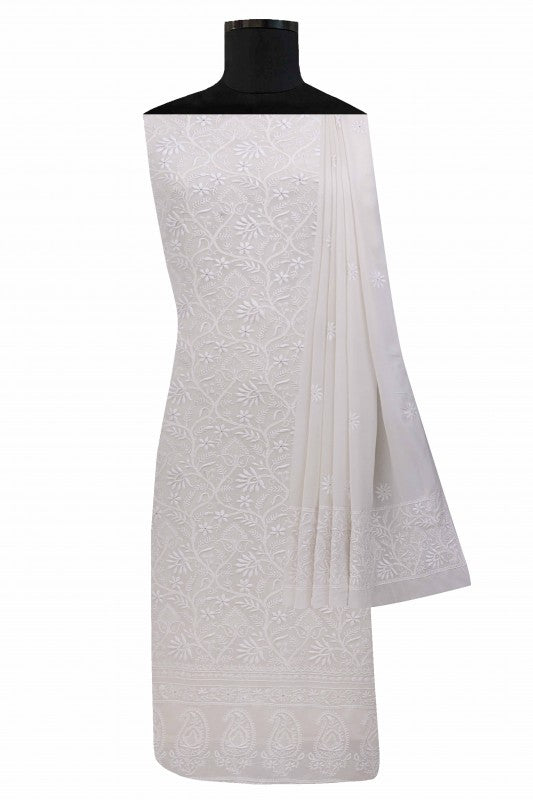 Ada Hand Embroidered White Pure Georgette Lucknowi Chikan Unstitched Kurta Dupatta Set- A511809