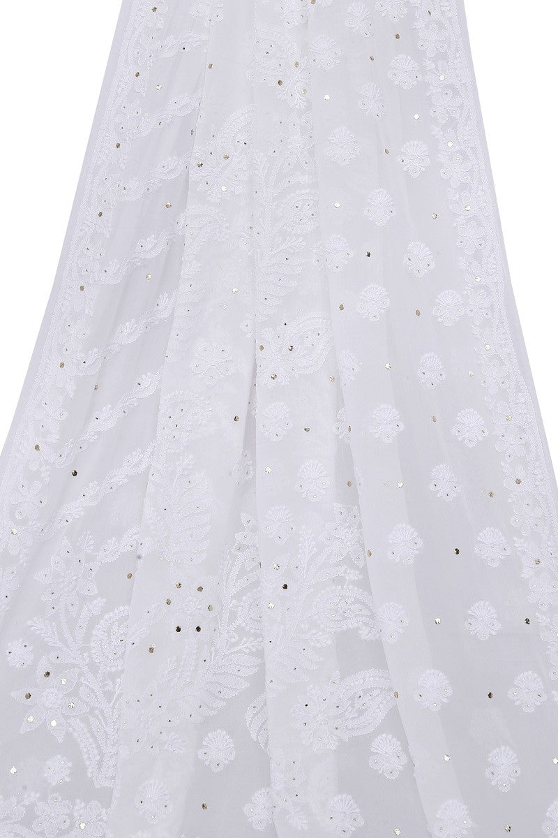 Ada Hand Embroidered White Georgette Lucknowi Chikankari Saree/Blouse With Muqaish Work- A619746