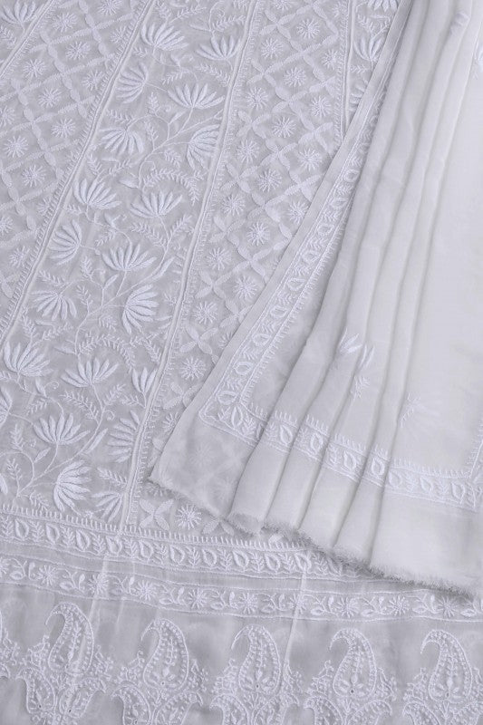 Ada Hand Embroidered White Pure Georgette Lucknowi Chikankari Semi-stitched Anarkali Kurta Dupatta – A583363