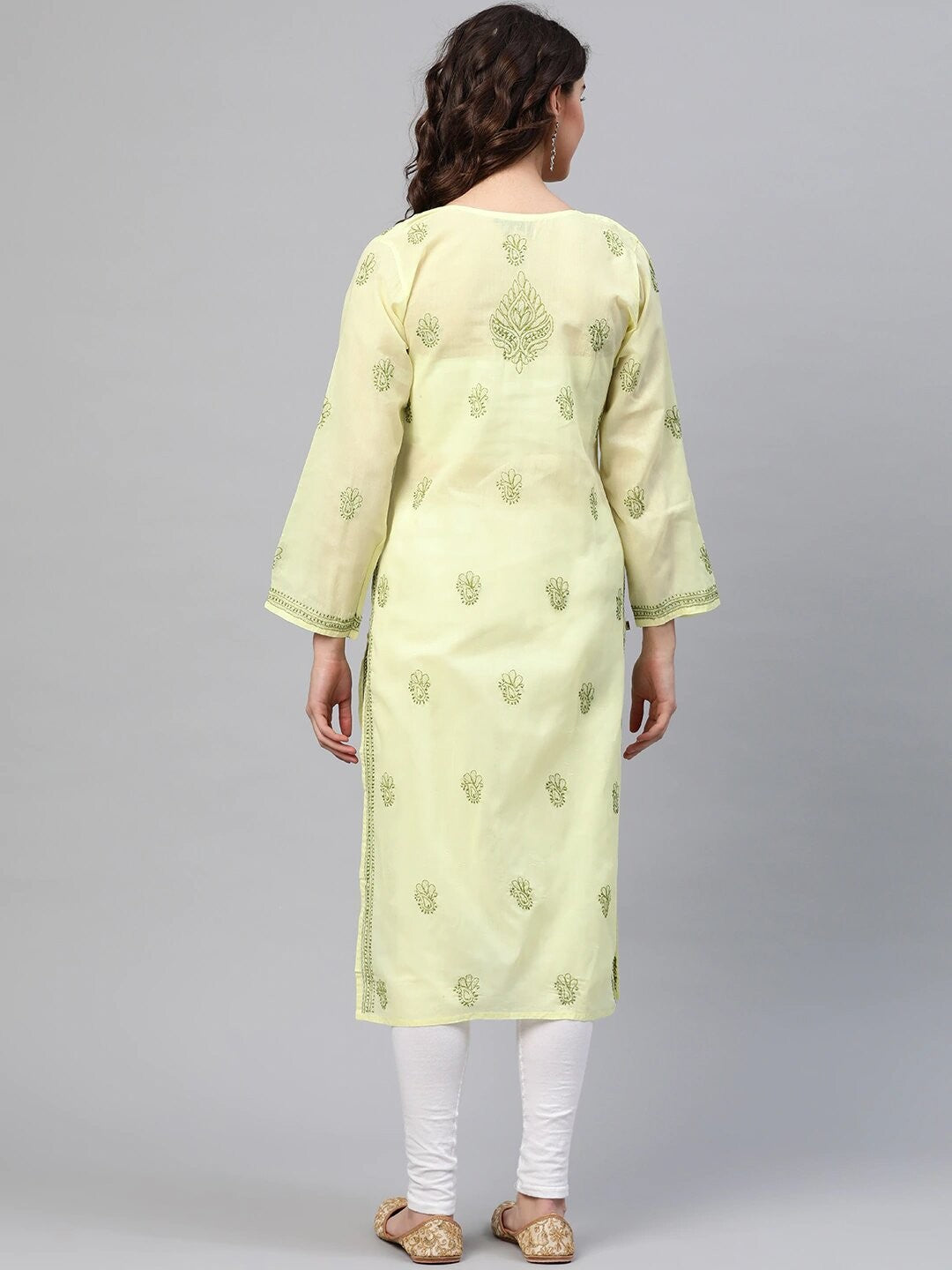 Ada Hand Embroidered Lemon Cotton Lucknowi Chikankari Straight Kurta A275710