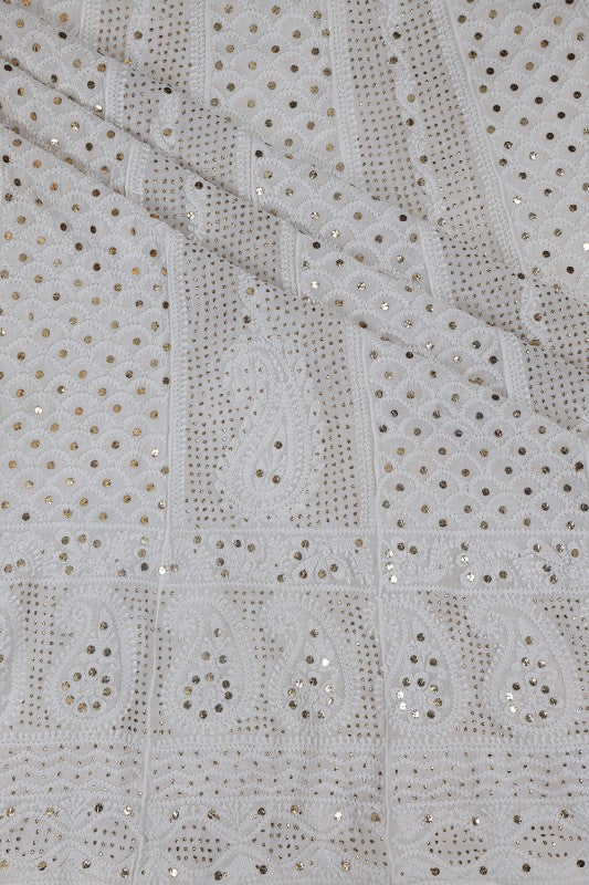 Ada Hand Embroidered White Georgette Lucknowi Chikankari Semi-stitched Anarkali Kurta Dupatta Set With Muqaish Work- A621527