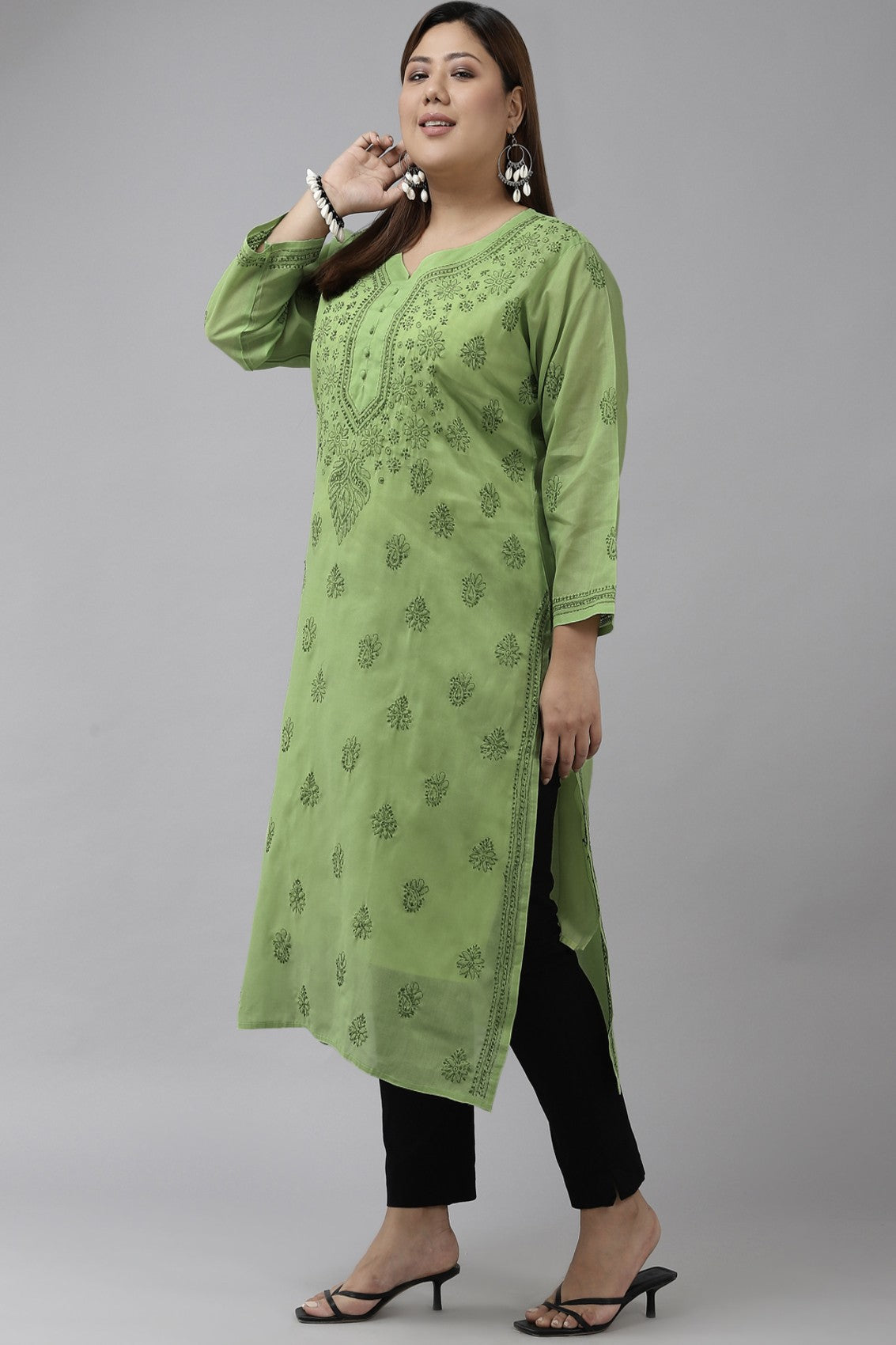 Ada Hand Embroidered Green Cotton Lucknowi Chikankari Straight Kurta A231409
